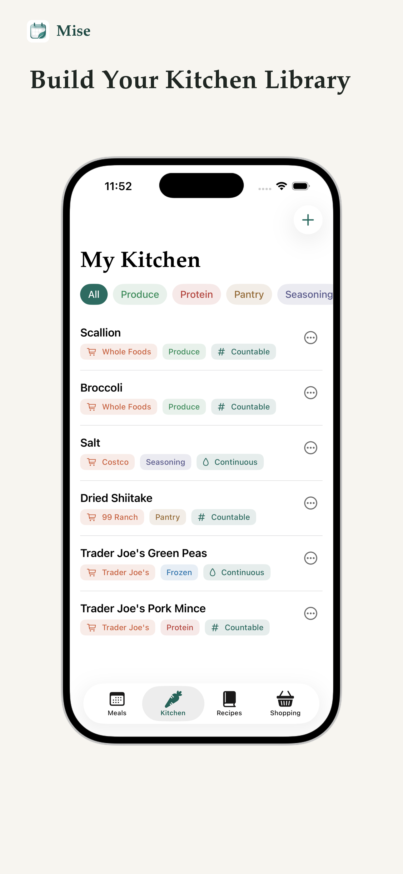Kitchen ingredient library screen